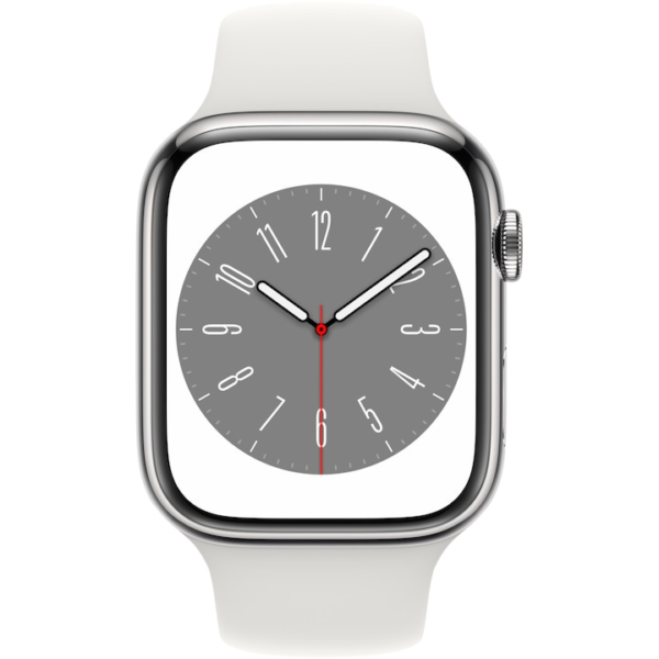 Apple Watch 8, GPS, Cellular, Carcasa Silver Stainless Steel 45mm, White Sport Band - imagine 2