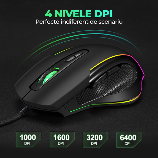 Mouse gaming Jiggler Timebox, cu fir, RGB, 3 trepte DPI, USB, 2.4 GHz, RGB Led, 4 Butoane, Negru - imagine 2
