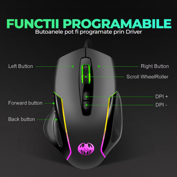Mouse gaming Jiggler Timebox, cu fir, RGB, 3 trepte DPI, USB, 2.4 GHz, RGB Led, 4 Butoane, Negru - imagine 5
