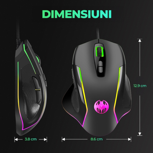 Mouse gaming Jiggler Timebox, cu fir, RGB, 3 trepte DPI, USB, 2.4 GHz, RGB Led, 4 Butoane, Negru - imagine 6