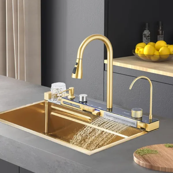 ✨🛁 Chiuvetă Premium GoldLux – Inox Auriu de Lux, LED Integrat și Funcționalitate 5-în-1 cu Accesorii Incluse ✨🛁